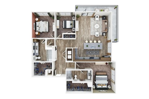 a 3d floor plan of a home with a bedroom and living room
